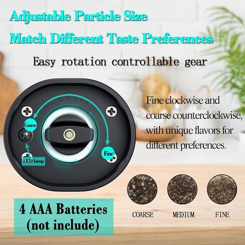 Gravity Electric Pepper Grinder, Battery Powered Grinder, with LED Light for One Hand Operation of Automatic Pepper and Salt Grinder Adjustable Poughness-7in Black in Saudi Arabia
