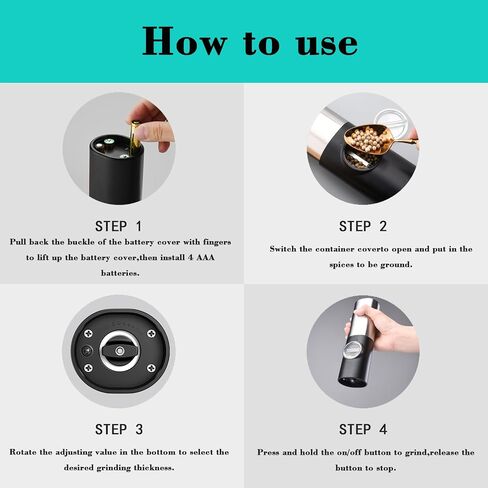 Gravity Electric Pepper Grinder, Battery Powered Grinder, with LED Light for One Hand Operation of Automatic Pepper and Salt Grinder Adjustable Poughness-7in Black in Saudi Arabia