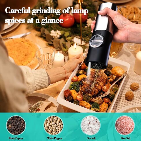 Gravity Electric Pepper Grinder, Battery Powered Grinder, with LED Light for One Hand Operation of Automatic Pepper and Salt Grinder Adjustable Poughness-7in Black in Saudi Arabia