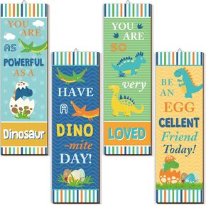 4 Pcs Dinosaur Wall Art,Dinosaur Wall Decor Sign,Wood Dinosaur Sign,Inspirational Wood Wall Art,Dinosaur Wood Wall Plaque for Kids,Boys,Bedroom,Playroom,Nursery,Classroom Decor,3.5x12 Inch(White)