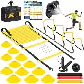Agility Speed Training Equipment Set - 20ft Speed Ladder, 12 Cones, 4 Adjustable Hurdles, Jump Rope, Parachute, 3 Resistance Bands | Ideal for Basketball, Football, Soccer, for Kids, Youth, Adults
