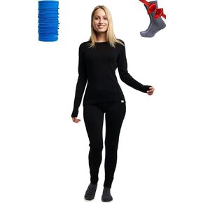 Merino Wool Base Layer Womens Set - Midweight Merino Wool Thermal Underwear for Women Top & Bottom + Neck Gaiter