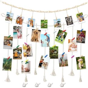 Hanging Photo Display Wall Decor，Boho Macrame Wall Hanging Photo Display with Clips Wall Decor for Bedroom, Living Room, Office, Dorm Decor, Photos Holder Teen Girl Gifts