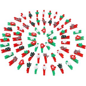60pcs Christmas Wood Clips Mini Clothespins Christmas Tree Snowflake Elk Gloves Clothespins Wooden Photo Clips Tiny Wood Clips for Hanging Christmas Cards Paper Crafts