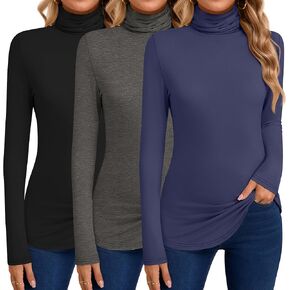 Huukeay 3 Pcs Women's Turtleneck Basic Long Sleeve Shirts Thin Slim Fit Soft Pullover Tops Fall Winter