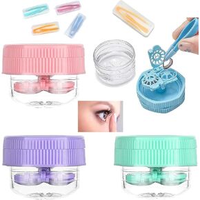 4 PCS Manually Contact Lens Washer Cleaner and 2 Pack Colorful Contact Lens Remover and Inserter Tool Case Set,Portable Contact Tweezers with Soft Tip,Contact Applicator for Soft Hard Contact Lense