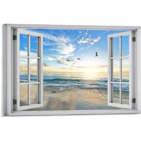 Beach Wall Decor Window View Posters Ocean Seagull Wall Art Nature Landscape Picture Posters Print on Canvas Painting Wall Art for Bedroom Bathroom Living Room Office UnFrame 16x24inch(40x60cm)
