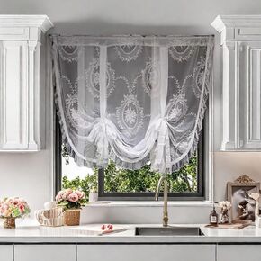 Gxi Pink Floral Balloon Curtain for Kitchen 39 inches Length Floral Lace Curtain Valance Rod Pocket Sheer Cafe Curtain Voile Window Treatment Valance for Bathroom, 1 Panel