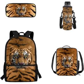 American Flag Cow Backpack Kids School Bookbag Set with Lunch Box Pencil Case and Sleeves Cup Cover Holder for Elementary Students Boys Girls Casual Daypack Set of 4 Back to School