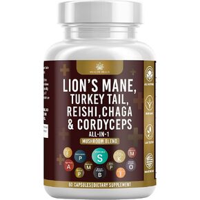 Mushroom Supplement with Turkey Tail 2000mg Reishi 1000mg Cordyceps Chaga 1000mg with Marshmallow Root - 180 Count