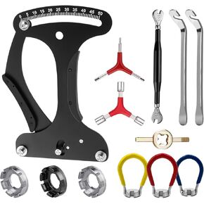 12Pcs/pk Bicycle Spoke Tension Meter Wrench Repair Tool Set, Bike Spoke Adjustment Bicycle Wrench Aluminium Alloy Wheel Repair Tool with Valve Wrench/Tire Lever/Hex/Socket Wrench/Spoke Wrench