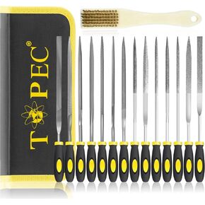 Topec Small File Set, Needle Diamond Files 15PCS, 7pcs Jewlers Files & 7pcs Steel Files with Metal Brush and Storage Bag，for Precision Metal File Work, Wood, Jewelry, Plastic, DIY Carving Tool Kit