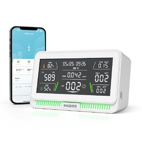 INKBIRD Air Quality Monitor Indoor Co2 Detector Portable 10-in-1 Co2, HCHO, AQI, PM2.5 PM10, TVOC, Temperature, Humidity, Time, Date, for Home Office School, Data Storage, WiFi App Notification