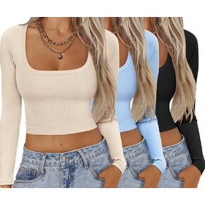 Ekouaer Womens 3 Pack Long Sleeve Crop Tops Square Neck Ribbed Slim Fitted Base Layer Basic Shirt Thermal Undershirts XS-XXL