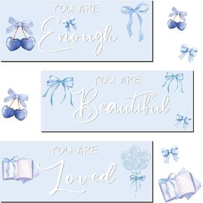 RattanView 3 Pcs Coquette Bow Wooden Hanging Wall Art Positive Quotes Cherry Wall Art Prints with Book for Inspirational Word Sign Decors Gift for Female Women Room(Pink)