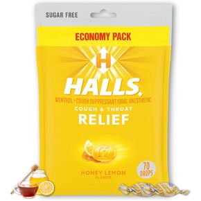Halls® Sugar Free Honey Lemon- Relief Cough Drops, Economy Pack, 70 Drops (1 Pack), Set with Fusion Shop Store Box (1)