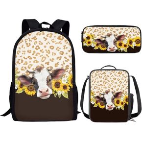 FKELYI American Flag Sunflower Shoulder Bags School Backpack Students Cow Print College Bookbag with Lunch Box Pencil Case