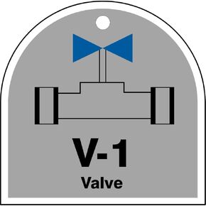 بطاقة تعريف شكل مصدر الطاقة البلاستيكية "V-1 Valve" من Accuform TDJ201VPE، 2-1/2 بوصة عرض × 2-1/2 بوصة طول، أسود/أزرق/أبيض على رمادي