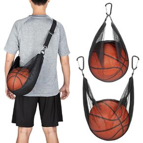 Single Ball Bag with Zipper Pocket Mesh Shoulder Bag with Buckle Clip Sport Equipment Storage Net for Carring Basketball Soccer Volleyball Rugby Also as Swim Beach Bag Gym Sports Crossbody Bag