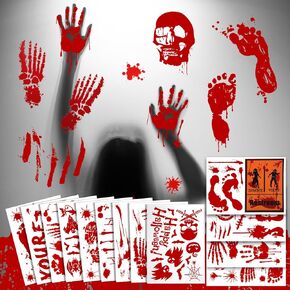 135PCS Halloween Window Cling Halloween Bloody Stickers 13 Sheets Bloody Handprint Footprint Wall Decal Floor Clings Stickers Removable for Halloween Decorations Inside/Outside