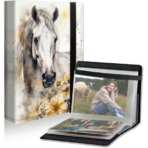 Small Photo Album for 4x6 Photos with Strong Elastic Band, 100 Mini Book Photo Pictures Leather Cover, Wallet Photo Album Fotos for Family Birthday Wedding Anniversary Women Men, Flower Horse