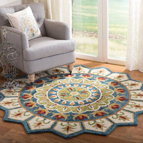 SAFAVIEH Novelty Collection 3' Round Ivory/Blue NOV605M Handmade Boho Floral Premium Wool Entryway Foyer Living Room Bedroom Kitchen Area Rug in Saudi Arabia