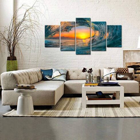 KREATIVE ARTS Large 5 Piece Sea Waves Wall Art Modern Framed Giclee Canvas Prints Seascape Artwork Ocean Beach Pictures Paintings on Canvas for Living Room Home Office Decor (Large Size 60x32inch) in Saudi Arabia