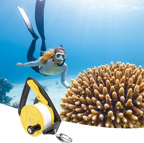 150ft Dive Reel With Thumb Stopper, Scuba Ratchet Diving High Visibility White Line Underwater Safety Accessory Handle Stop Switch SMB Cave Wreck Snorkeling Canoe Drift in Kuwait