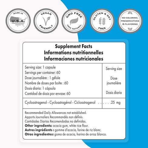 سوبرسمارت - سيكلواستراجينول 20 ملجم يوميًا (نقاوة 98%) - مكمل الحمض النووي والتيلوميرات - غشاء استراغالوس | غير معدل وراثيًا وخالي من الغلوتين - 30 كبسولة نباتية in Kuwait
