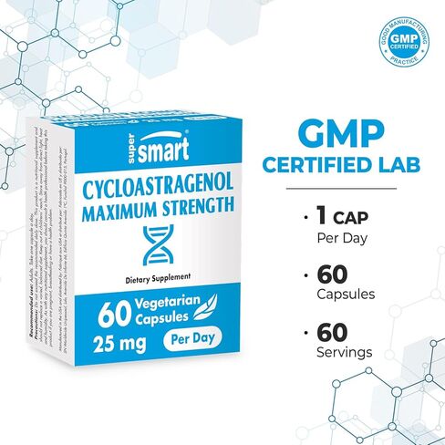 سوبرسمارت - سيكلواستراجينول 20 ملجم يوميًا (نقاوة 98%) - مكمل الحمض النووي والتيلوميرات - غشاء استراغالوس | غير معدل وراثيًا وخالي من الغلوتين - 30 كبسولة نباتية in Kuwait