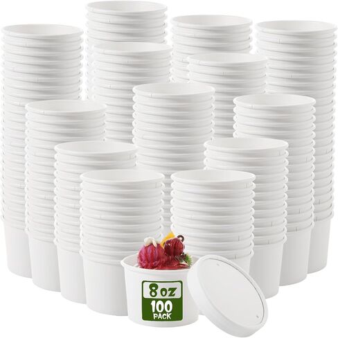 Fulmoon 100 Pack 8 oz Paper Soup Containers with Lids, Disposable Paper Food Containers with Vented Lids, Kraft Ice Cream Containers Bowls Soup Cup Ice Cream Cups for Soups Stews Restaurants, Take out in Saudi Arabia