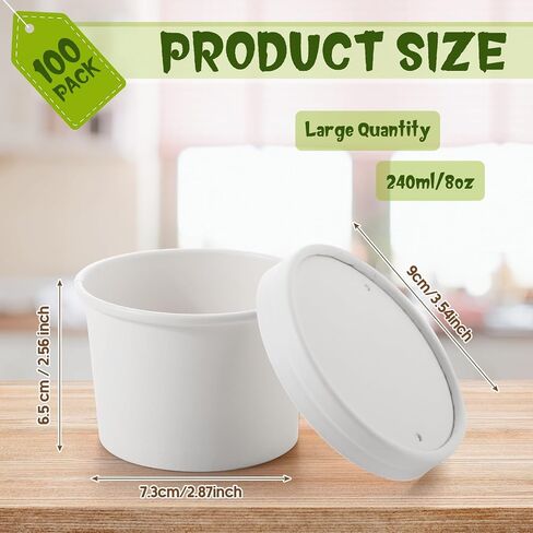 Fulmoon 100 Pack 8 oz Paper Soup Containers with Lids, Disposable Paper Food Containers with Vented Lids, Kraft Ice Cream Containers Bowls Soup Cup Ice Cream Cups for Soups Stews Restaurants, Take out in Saudi Arabia