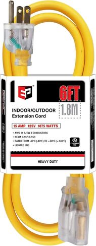 EP 10Ft 14/3 Lighted Outdoor Extension Cord - 14 Gauge 3 Prong SJTW Heavy Duty Black Extension Cable with 3 Prong Grounded Plug for Safety,Great for Garden and Major Appliances,UL Listed in Kuwait