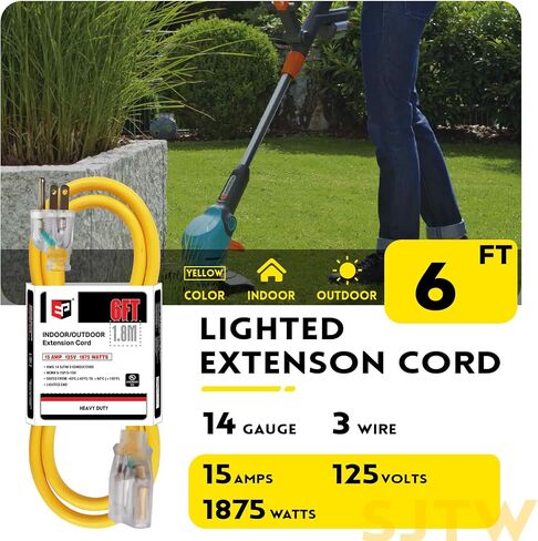 EP 10Ft 14/3 Lighted Outdoor Extension Cord - 14 Gauge 3 Prong SJTW Heavy Duty Black Extension Cable with 3 Prong Grounded Plug for Safety,Great for Garden and Major Appliances,UL Listed in Kuwait
