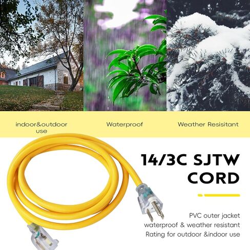 EP 10Ft 14/3 Lighted Outdoor Extension Cord - 14 Gauge 3 Prong SJTW Heavy Duty Black Extension Cable with 3 Prong Grounded Plug for Safety,Great for Garden and Major Appliances,UL Listed in Kuwait