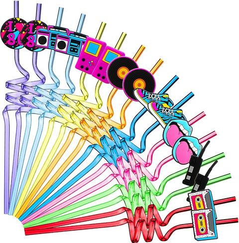 Vesici 80s Party Decor Retro Straw Hip Hop Theme 80s Party Silly Drinking Straws I Love 80s Radio Boombox Mobile Phone Straw Decorations for Adults 80s Party Favors, 8 Colors and Styles(24 Pcs) in Kuwait