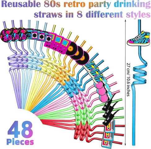 Vesici 80s Party Decor Retro Straw Hip Hop Theme 80s Party Silly Drinking Straws I Love 80s Radio Boombox Mobile Phone Straw Decorations for Adults 80s Party Favors, 8 Colors and Styles(24 Pcs) in Kuwait