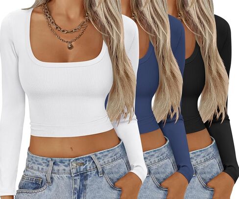 Ekouaer Womens 3 Pack Long Sleeve Crop Tops Square Neck Ribbed Slim Fitted Base Layer Basic Shirt Thermal Undershirts XS-XXL in Saudi Arabia