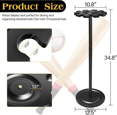 حامل عرض حامل مضرب البيسبول TP، رف عرض البيسبول، رف رف حامل مضرب البيسبول من الخشب الصلب، منظم تخزين مضرب البيسبول، حامل 10 مضارب (أسود) in Kuwait