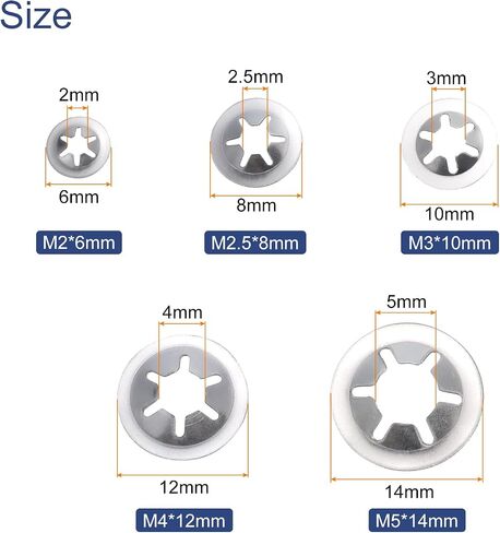 uxcell 200pcs Internal Tooth Star Lock Washers Set M2 M2.5 M3 M4 M5 Quick Speed Locking Washers, 304 Stainless Steel Starlock Push Nuts in Saudi Arabia