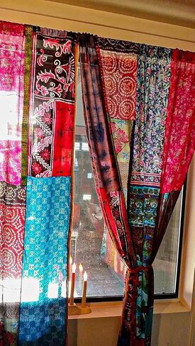 Home Decorative Silk Sari Curtains Unique Patchwork Design Light Filtering Window Panels for Living Room and Bedroom 84-inch Length (Pink) in Saudi Arabia