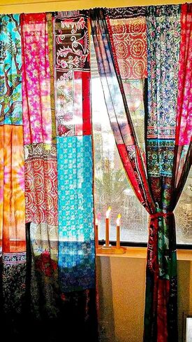 Home Decorative Silk Sari Curtains Unique Patchwork Design Light Filtering Window Panels for Living Room and Bedroom 84-inch Length (Pink) in Saudi Arabia