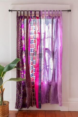 Home Decorative Silk Sari Curtains Unique Patchwork Design Light Filtering Window Panels for Living Room and Bedroom 84-inch Length (Pink) in Saudi Arabia