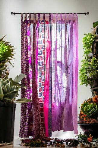 Home Decorative Silk Sari Curtains Unique Patchwork Design Light Filtering Window Panels for Living Room and Bedroom 84-inch Length (Pink) in Saudi Arabia