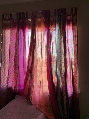Home Decorative Silk Sari Curtains Unique Patchwork Design Light Filtering Window Panels for Living Room and Bedroom 84-inch Length (Pink) in Saudi Arabia