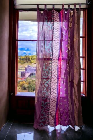 Home Decorative Silk Sari Curtains Unique Patchwork Design Light Filtering Window Panels for Living Room and Bedroom 84-inch Length (Pink) in Saudi Arabia