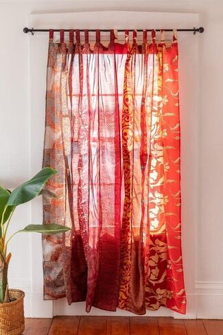Home Decorative Silk Sari Curtains Unique Patchwork Design Light Filtering Window Panels for Living Room and Bedroom 84-inch Length (Pink) in Saudi Arabia