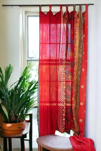 Home Decorative Silk Sari Curtains Unique Patchwork Design Light Filtering Window Panels for Living Room and Bedroom 84-inch Length (Pink) in Saudi Arabia