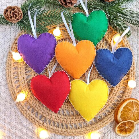 Christmas Heart Ornament Set - Set of 6 White and Red Felt Hearts with Snowflake Design - Heart Decorations for Christmas Tree - Stuffed Heart Ornaments - Handmade Scandinavian Style in Saudi Arabia