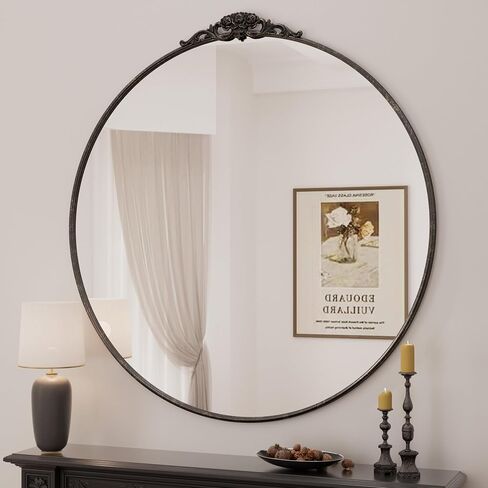 Keonjinn 30" x 30" Round Antique Mirror, Black Vintage Mirrors for Wall with Metal Frame, Circle Vintage Vanity Mirror, Round Bathroom Mirror for Mantle, Living Room, Fireplace, French Cleat Mounting in Saudi Arabia